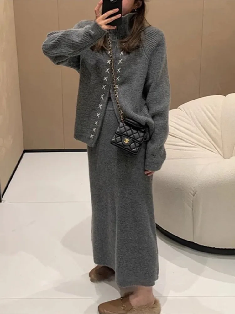 Gray High Neck Zipper Sweater And Long Skirt Set Two Piece Set Zipper Knitting Winter Jackets + Straight Skirt Casual Outfit