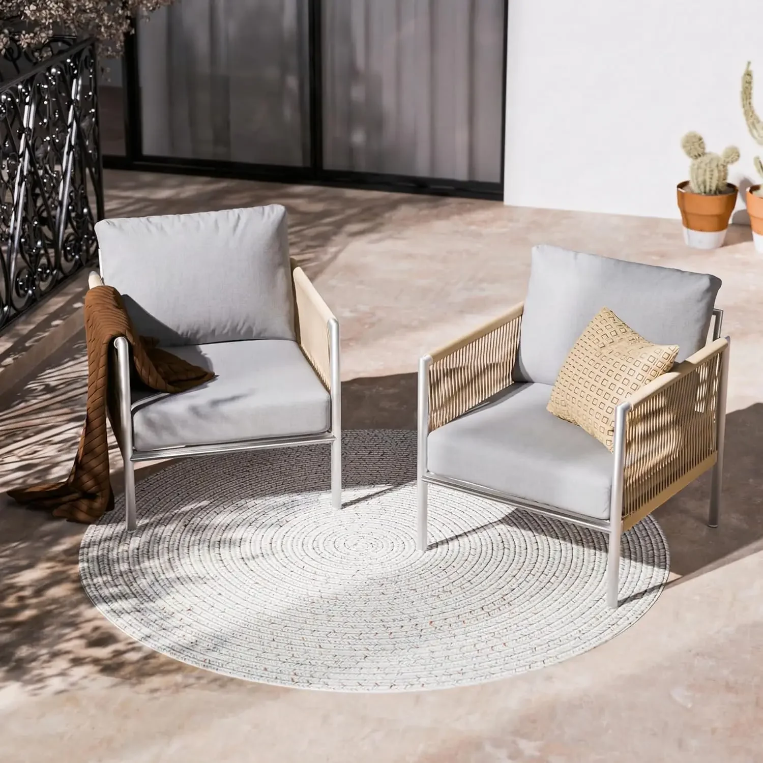 Aluminum Outdoor Patio Furniture 2 Pcs Armchair, All-Weather Metal Modern Outside Furniture with Washable Thick Cushion, HDPE Wo