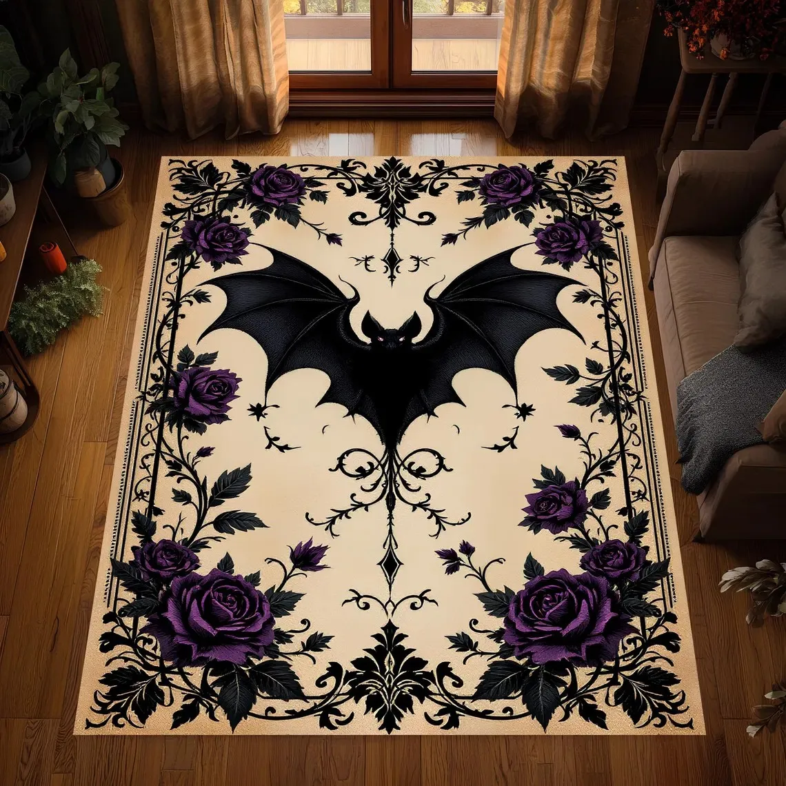 Gothic-Fledermausteppich, floraler Vampirteppich, Wohnzimmerteppich in Schwarz und Lila, Bereichsteppich, waschbarer Teppich, rutschfeste Bodenmatte