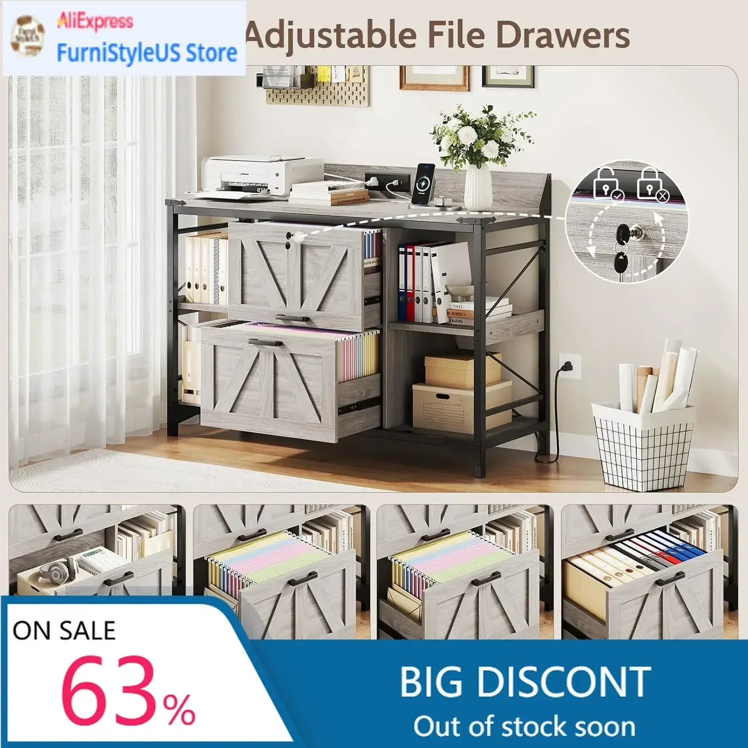 Lateral Filing Cabinet 44 Inch Home Office Storage With Lock Key Wooden Printer Stand 4 Shelves Power Outlets Grey Office Furnit