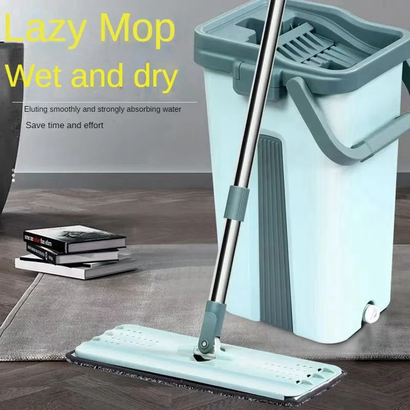 Flat Squeeze Mop com balde, Wringing Floor Cleaning, Microfiber Pads, uso molhado ou seco em madeira laminado, mão livre