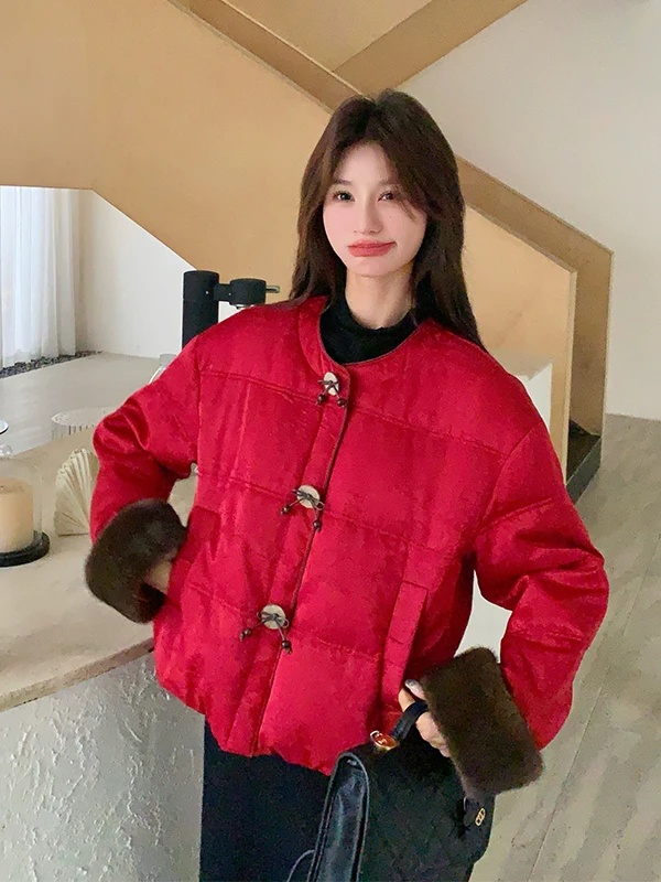 신상 중국산 슬레 티엔드 레드 브레드 다운 자켓 여성용 겨울 코트 화이트 다운 따뜻한 아우터웨어 캐주얼 패션