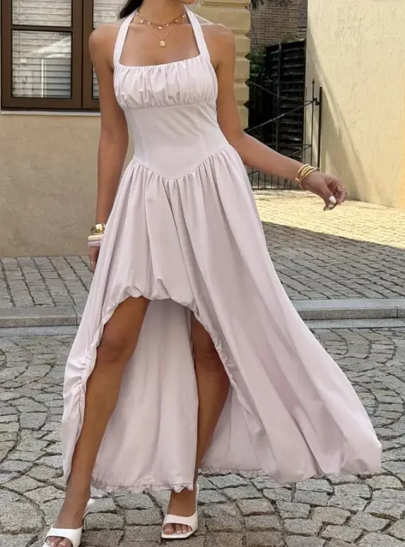 

2026 Summer Women's Elegant Hanging Neck Strapless Waist Tied Dress Female Fashion Sexy High Waist Asymmetrical Slit Dresses