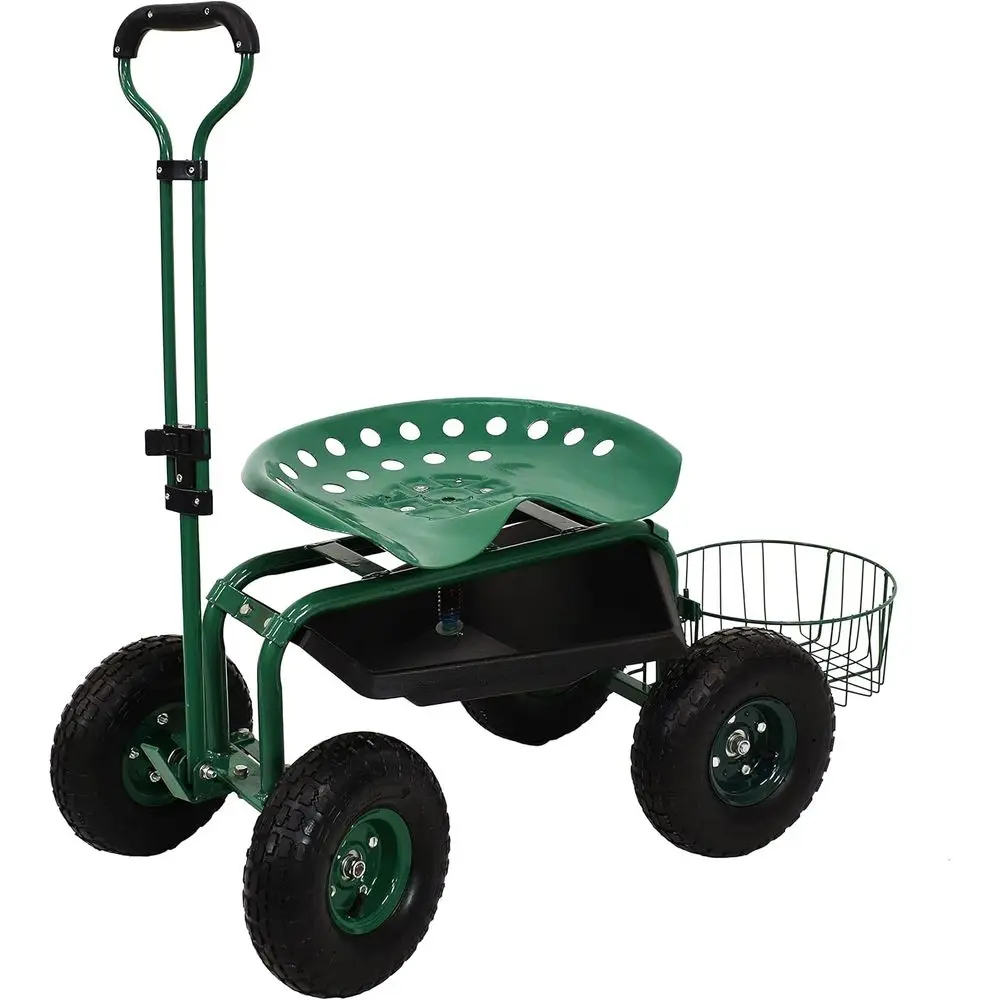 

Sunnydaze Garden Cart with Wheels Garden Stool on Wheels - Rolling Gardening Seat with Extendable Handle Swivel Seat Green