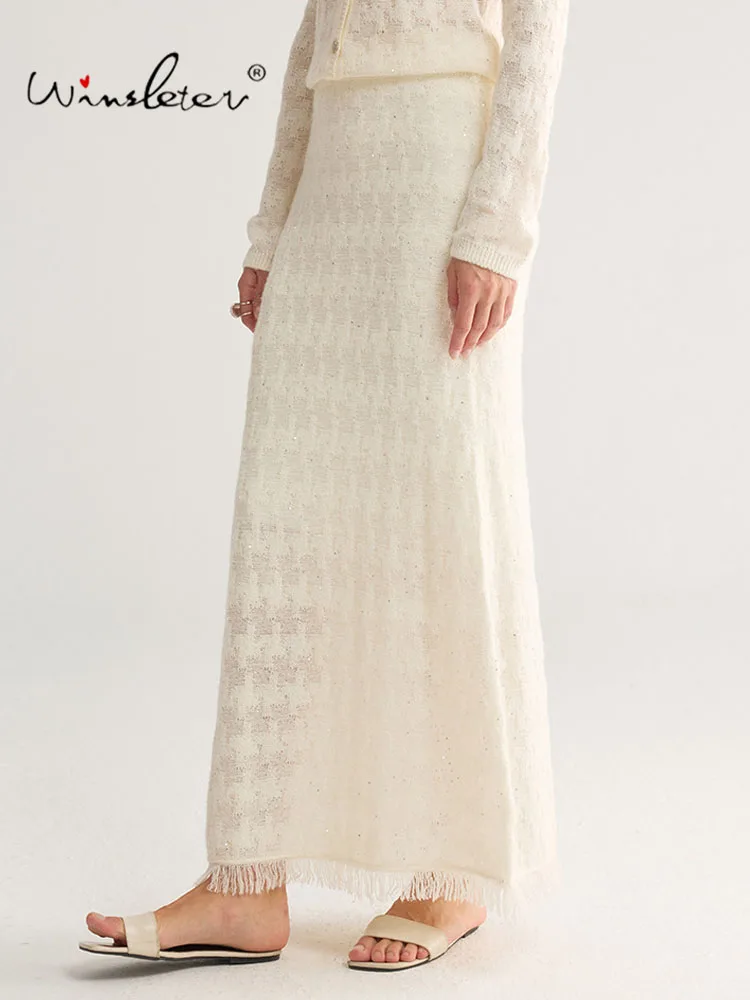 Winsleter-Wool Blended Elegant Knit Skirts, Elastic Waist Sequins Tassel, Women French Temperament Skirts, 2026 Autumn B68515CC