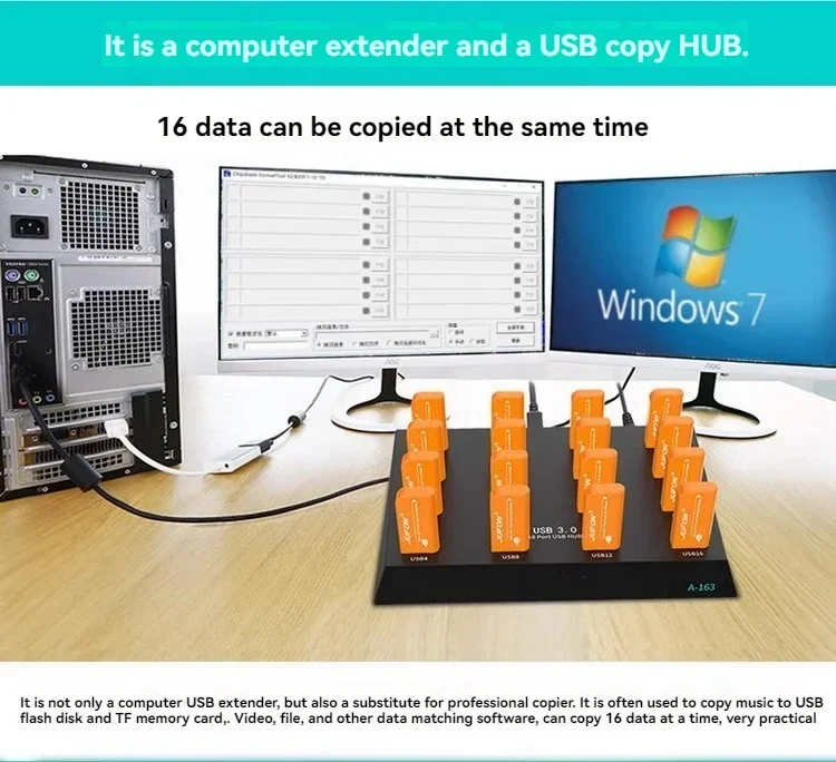Batch Copy Testing for USB Drives/TF Cards & USB Data Copiers; Industrial-Grade 16-Port USB 3.0 Hub