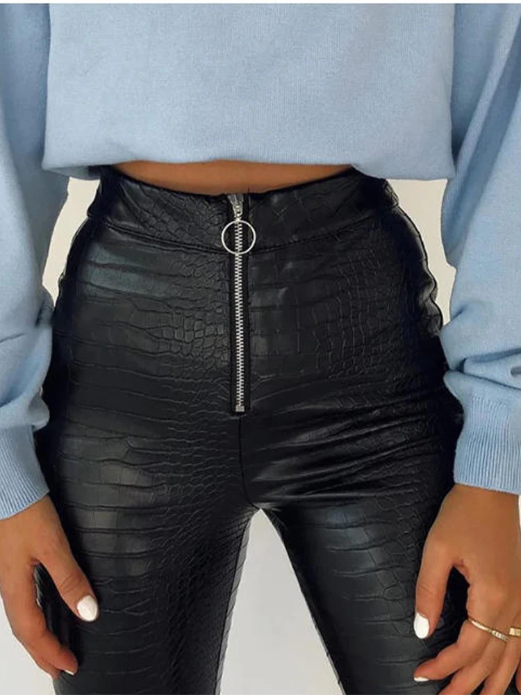 Crocod Pattern Leather Pants Women High-waist Casual Pants Autumn Winter Black Zipper-up PU Leather Tights Pencil Trousers