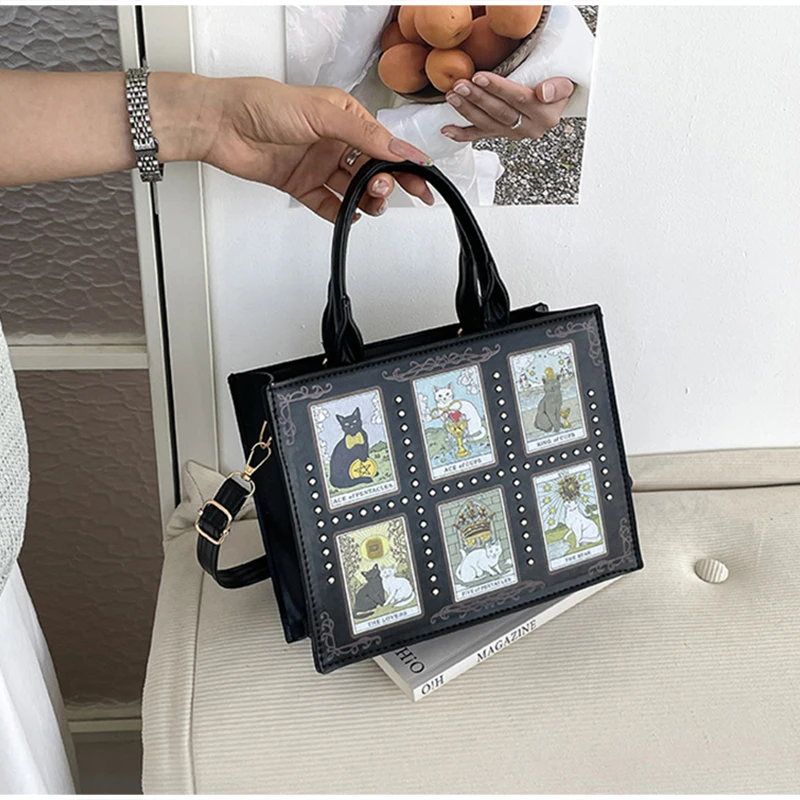 Neue Katzenelfen-Handtasche: Stylische, vielseitige Damen-Umhängetasche, trendige Fantasy-Schultertasche, quadratische Tragetasche, Aktentasche mit Stauraum – Detail 32