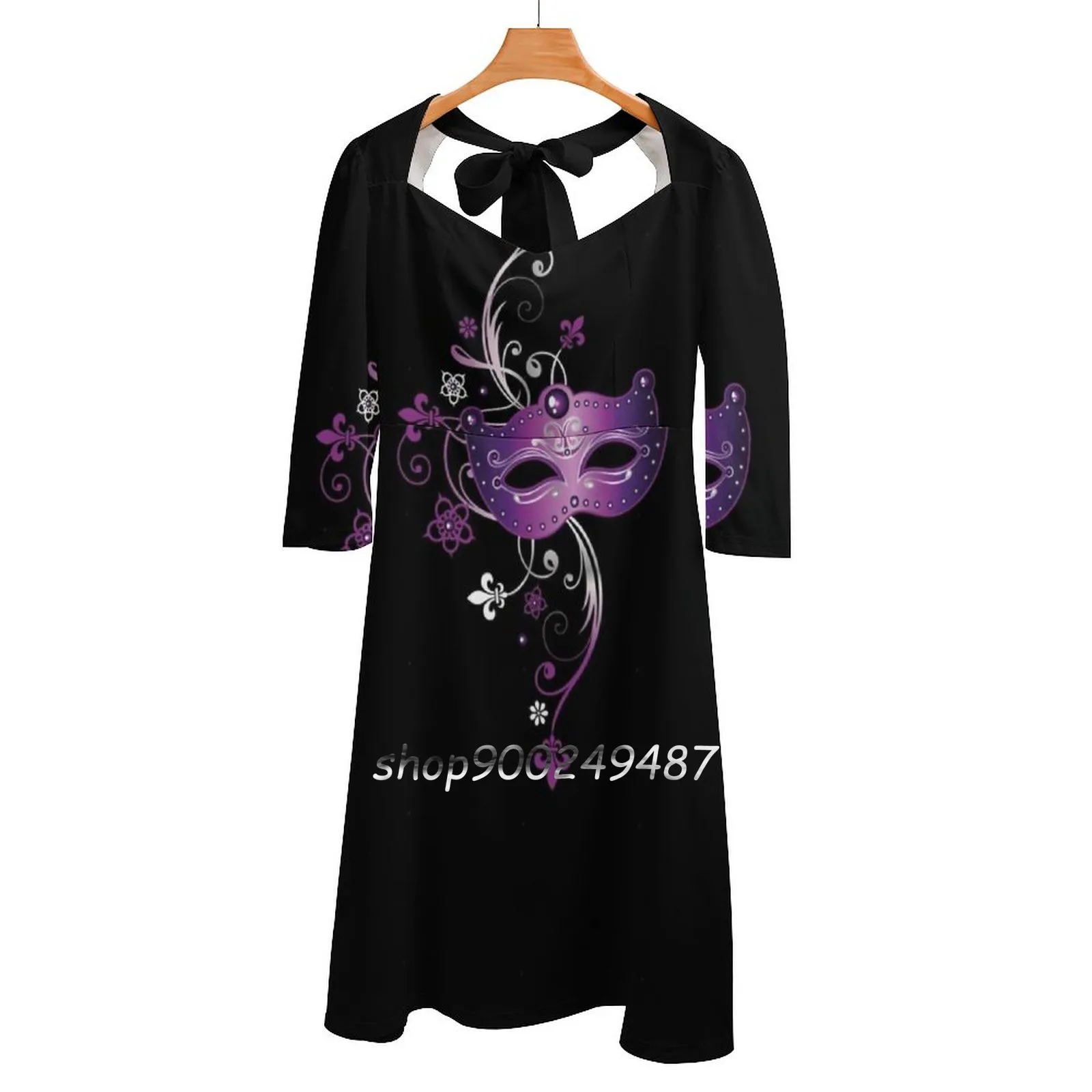 Mardi Gras. Mask With Fleur De Lis. Flare Dress Square Neck Dress Elegant Female Fashion Printed Dress Mardi Gras Fleur De Lis