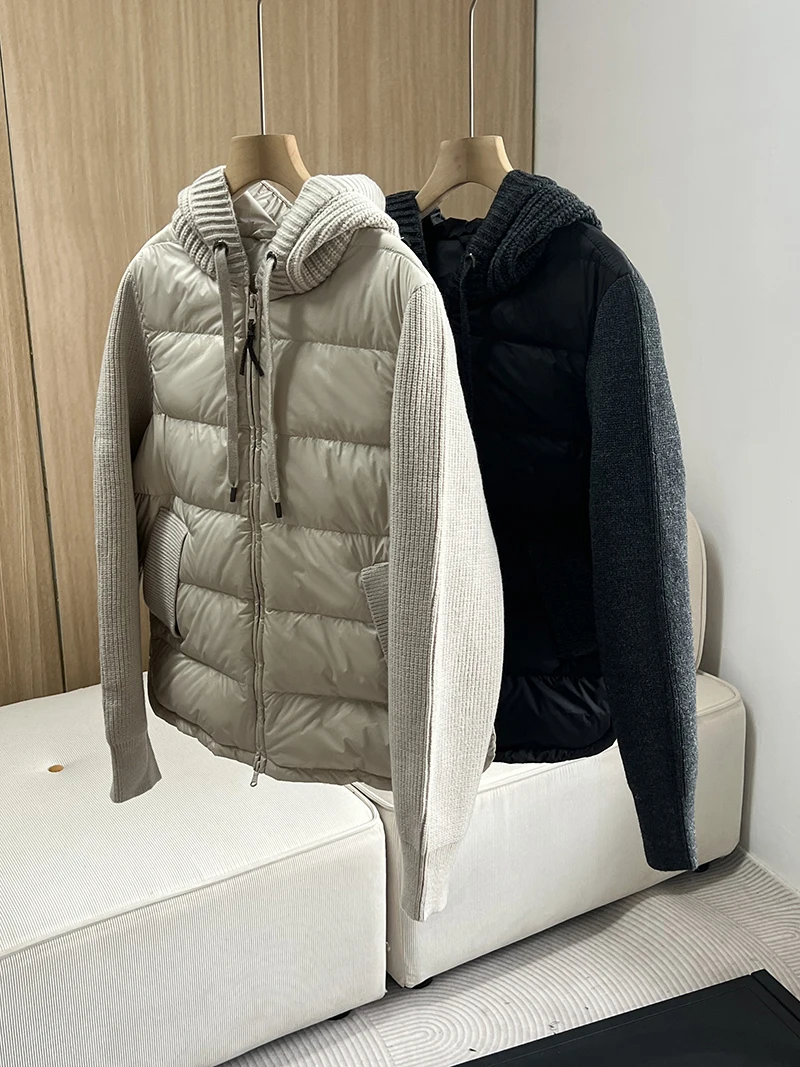 Winter New Knitted Splicing Sleeve Hooded Down Coats Women Lightheight White Duck Down Jacket Versatile Black Short Coat
