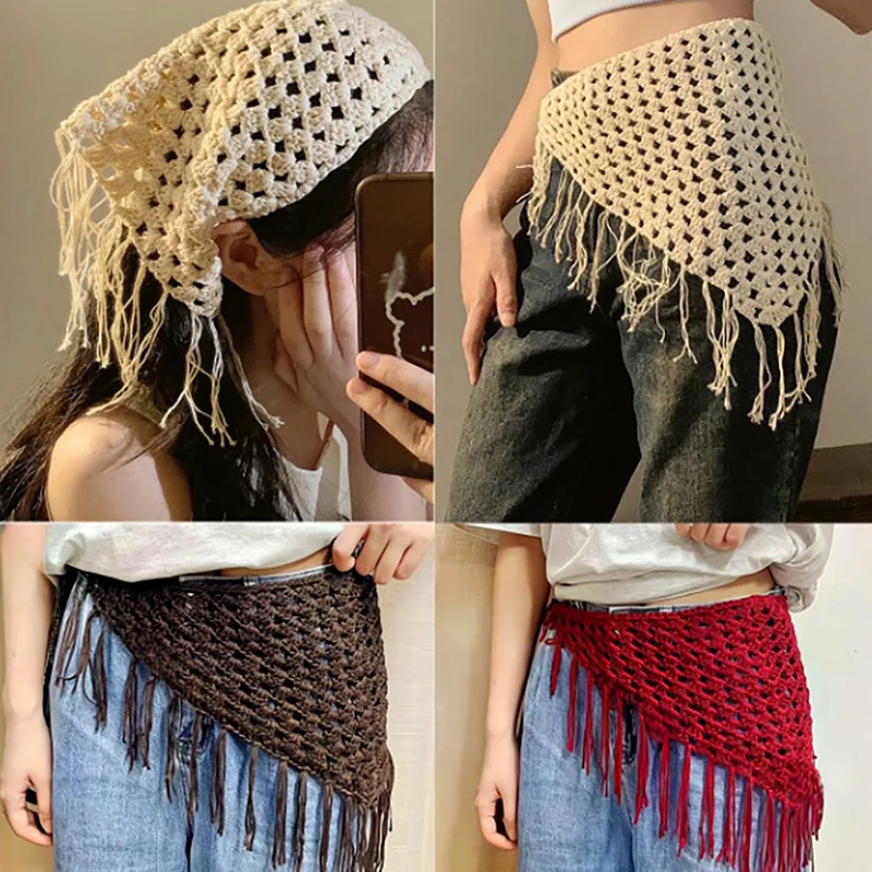 Hollow-Out Fringe Triangle Scarf For Women Spring Adjustable Layering Accessory Versatile Waist Hip Wrap Fashion