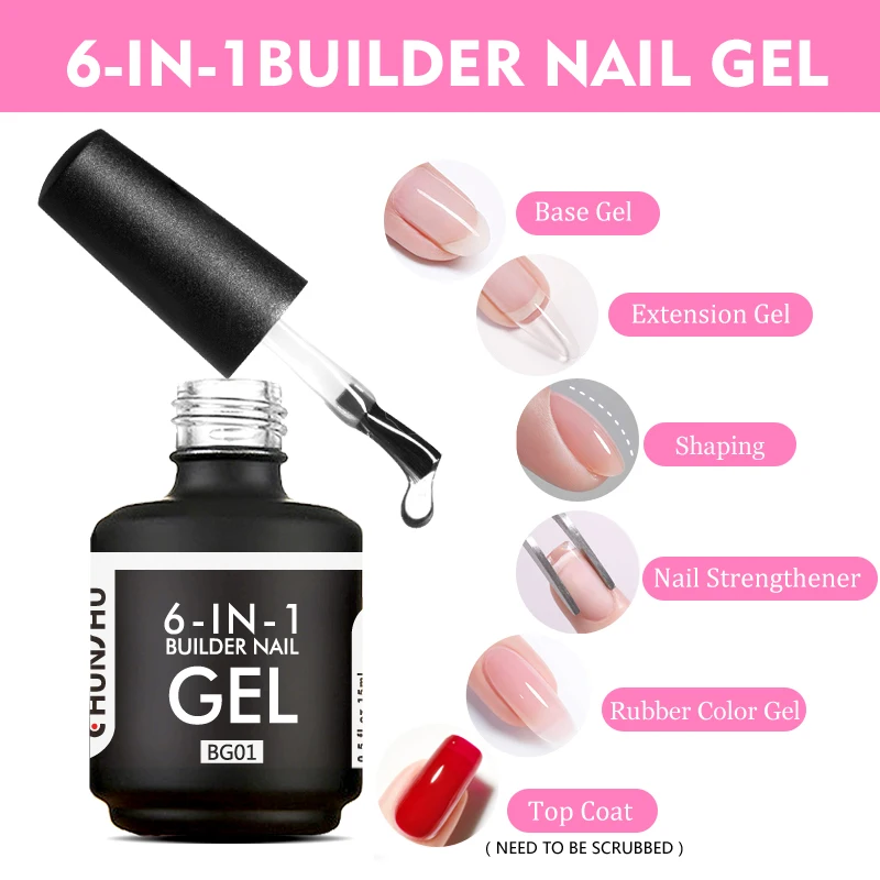 CHUNSHU-Construtor de Unhas Gel em Garrafa, Cor Neon, Construção de Unhas, Extensão Gel Polonês, Rosa Claro, Base Led UV, Top Coat, 15ml, 6in 1