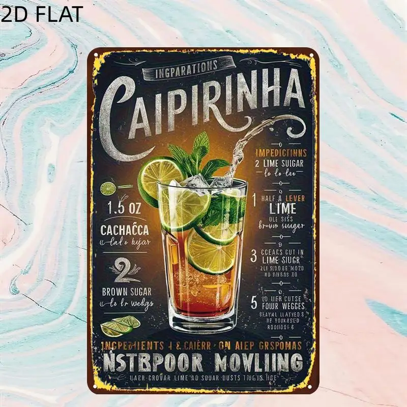 2D Flat Design, 1 Piece, Vintage Classic Caprilini Cocktail Recipe: an Refreshing Brazilian Cocktail, Ingredients Include Caçacha, Lime, and Sugar 