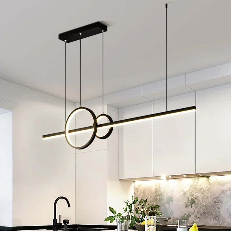

LED Chandeliers For Home Kitchen Modern Minimalist Long Table Dining Room Bar Office Hanging Lamp Black Smart Indoor Lighting