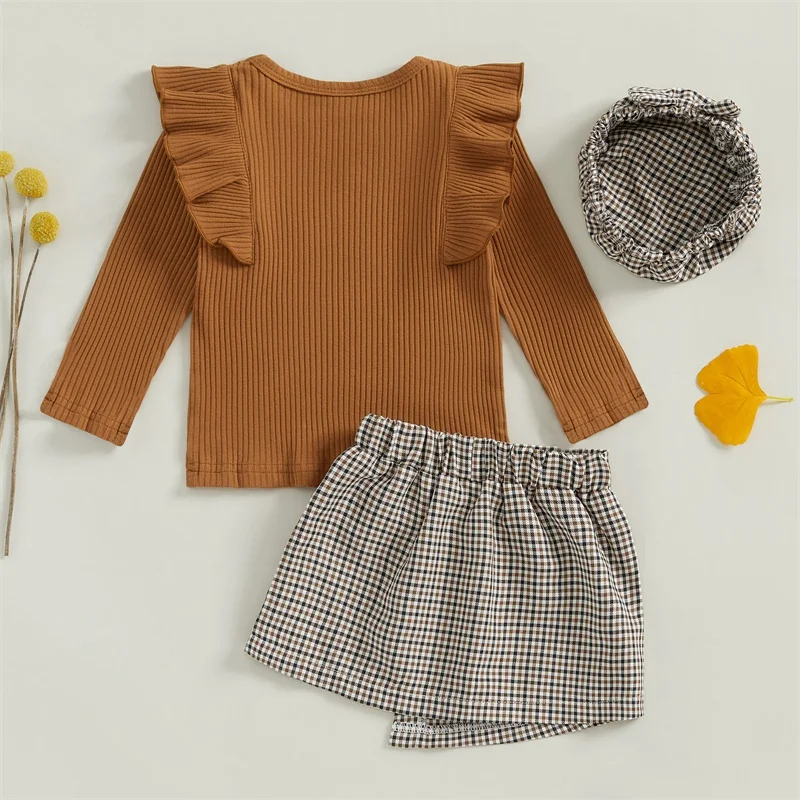 Toddler Girl Fall Outfits Solid Color Ribbed Knit Ruffles Long Sleeve Tops Plaid Skorts Hat 3Pcs Clothes Set