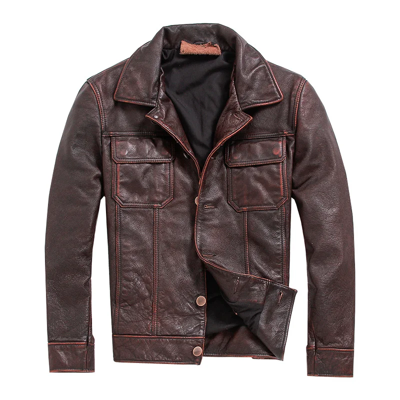 Brown Free mens shipping.vintage coat,men cowhide Jackets,genuine Leather jacket.casual style Fitness plus size Leather