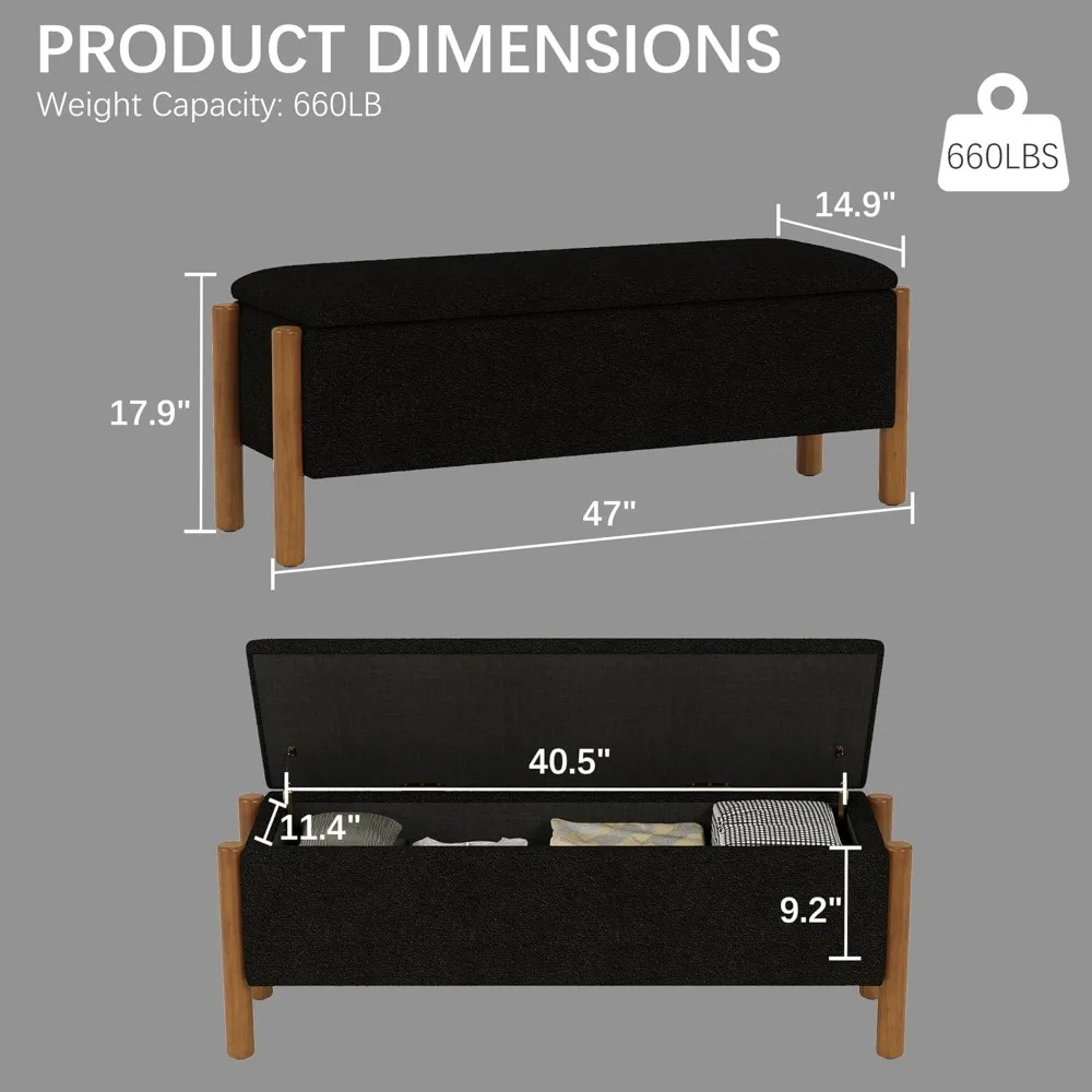 مقعد عثماني لتخزين أرجل الجوز 47 بوصة، سعة 20 جالون لغرفة النوم، سطح من القماش المنجد، نهاية أثاث السرير #2