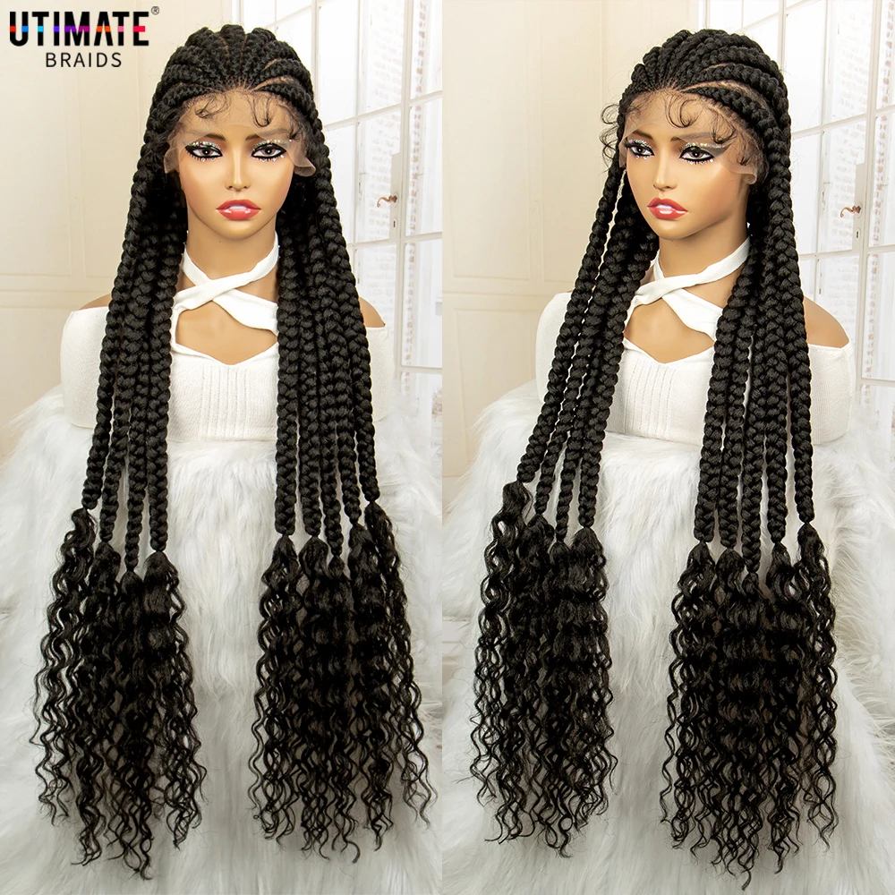 Full Lace Synthetic Braided Wigs with Baby Hair 38 Inches Curly Box Braids Wig for Black Women Lace Frontal Cornrow Hair Wig