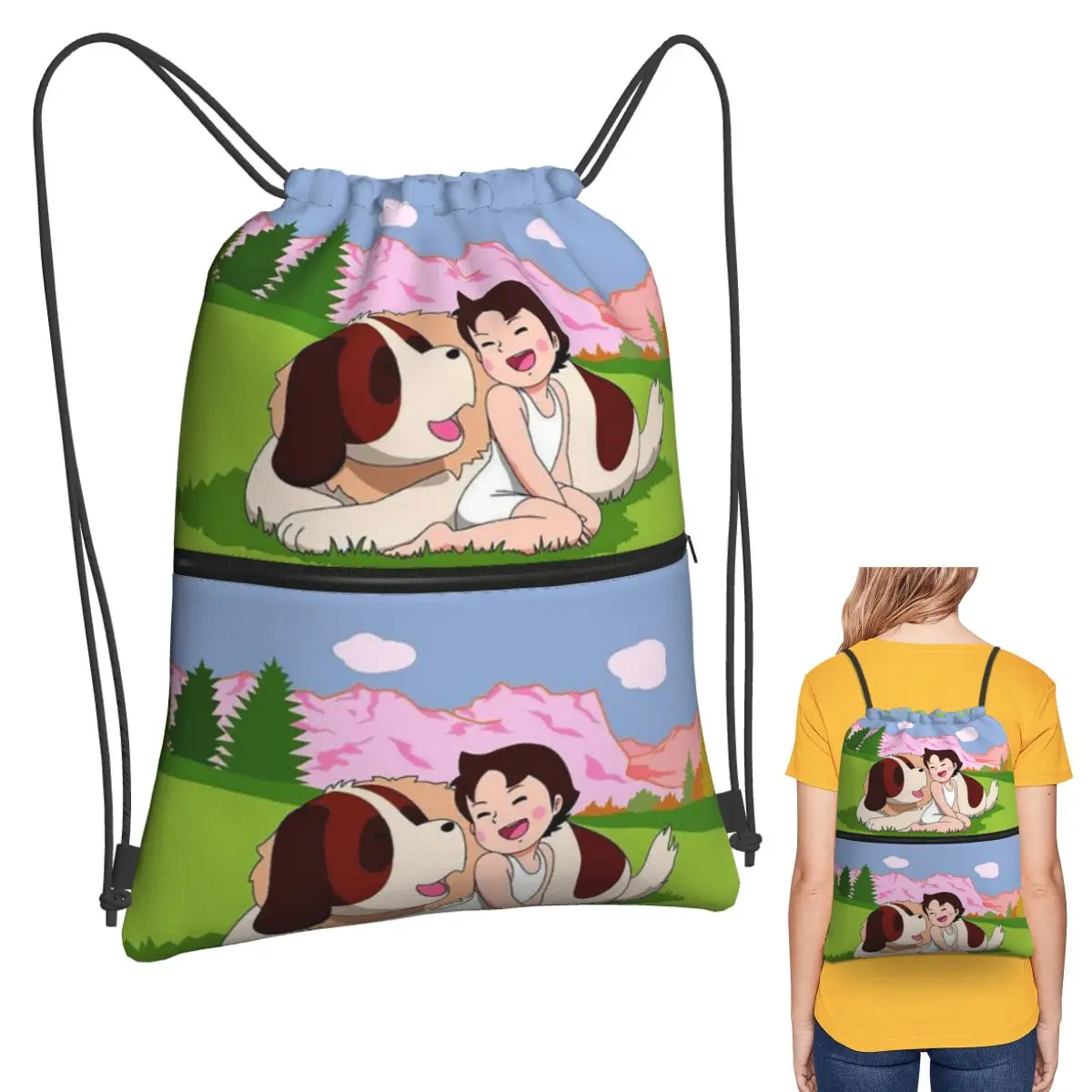 

Anime Heidi Girl Of The Alps Peter Grandpa Backpacks Multi-function Drawstring Bags Storage Bag Book Bags for Man Woman School