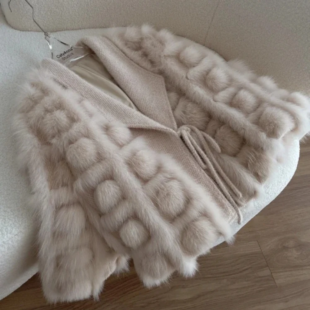 MENINA réel manteau de fourrure de renard femmes 2025 automne hiver tricoté Cardigan veste mélangée épais chaud nouvelle mode ceinture col rabattu