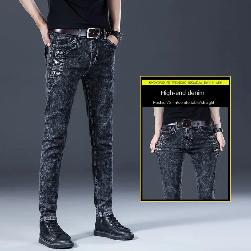 Fashion baju gaya Korea pria, Jeans Slim-Fit klasik Kpop gaya klasik, celana koboi kasual abu-abu asap untuk lelaki