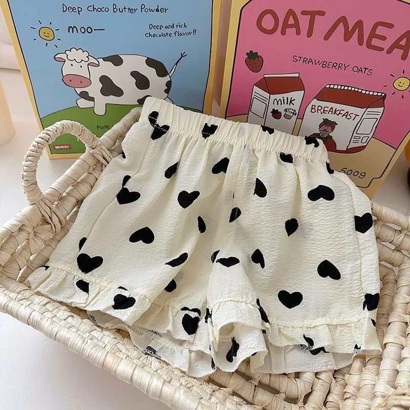 Girls Summer Shorts Babys Korean Version Cartoon Love Lace Cotton and Linen Beach Hot Pants