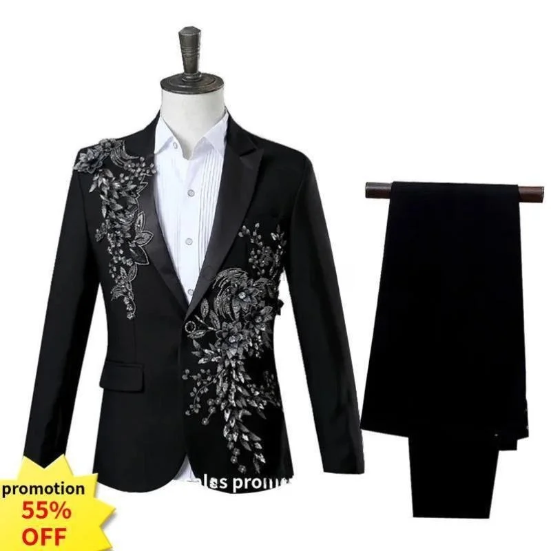 Casual Ele Embroidered Men's Suit Thiened Special Wide Fit Spring Youth Trend Double Slit Seven Sve Length Button Cl...