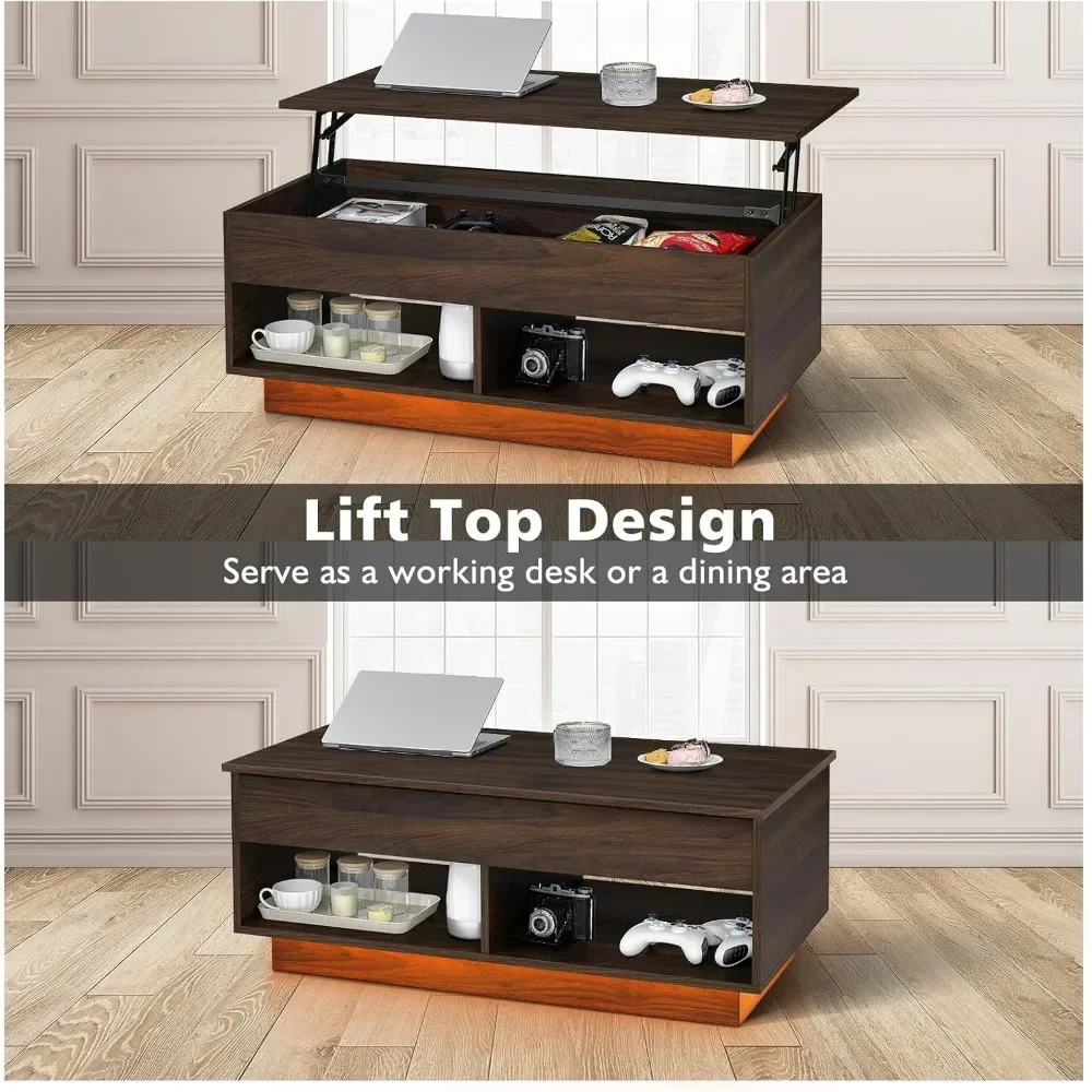 Coffee Table TV Stand, LED Lift-Up, Holds 70-Inch TV with Hidden Compartments, Living Room Coffee Table and TV Stand