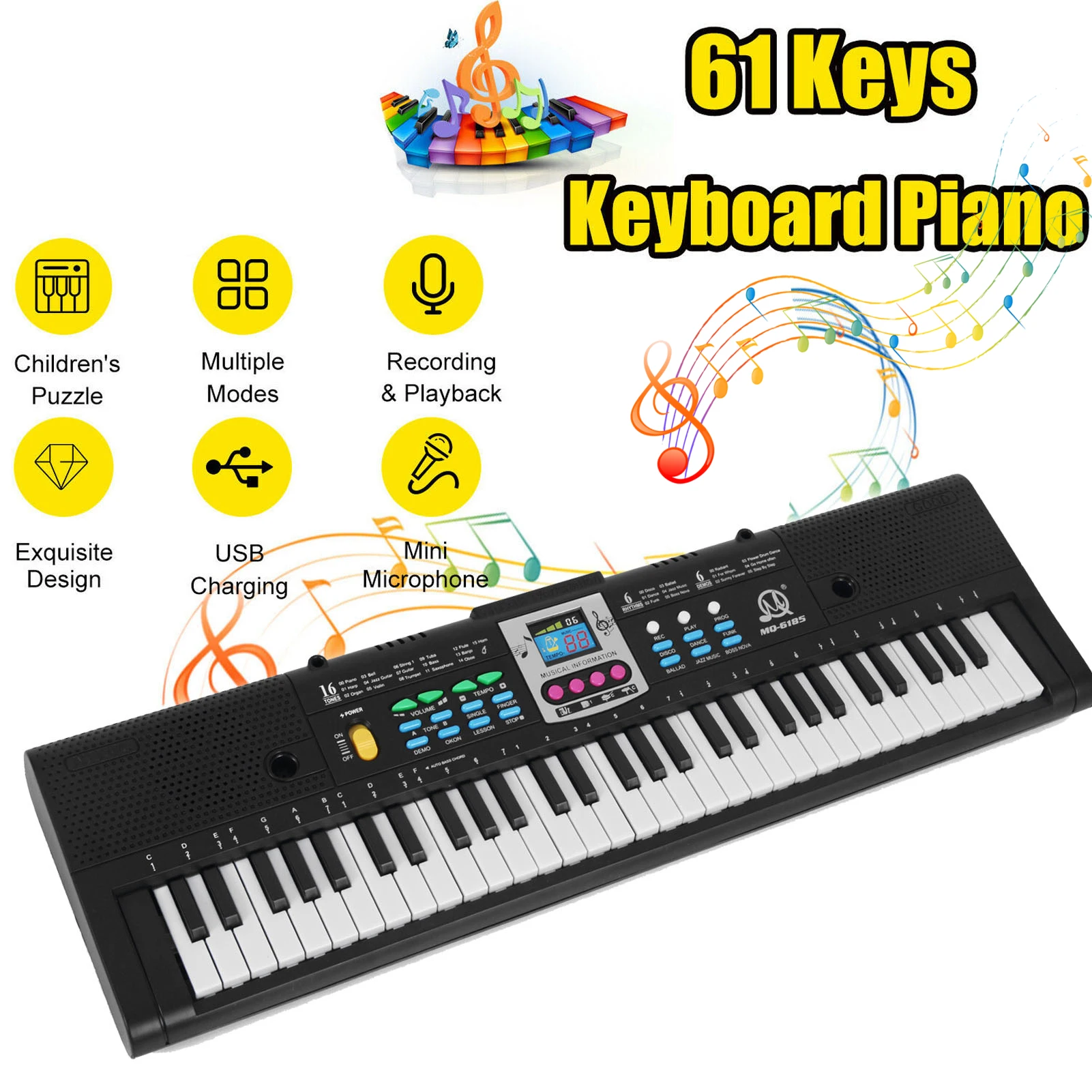 61 Keys Digital Music Electronic Keyboard Kids Electric Piano for Piano Student with Microphone Function Musical Instrument