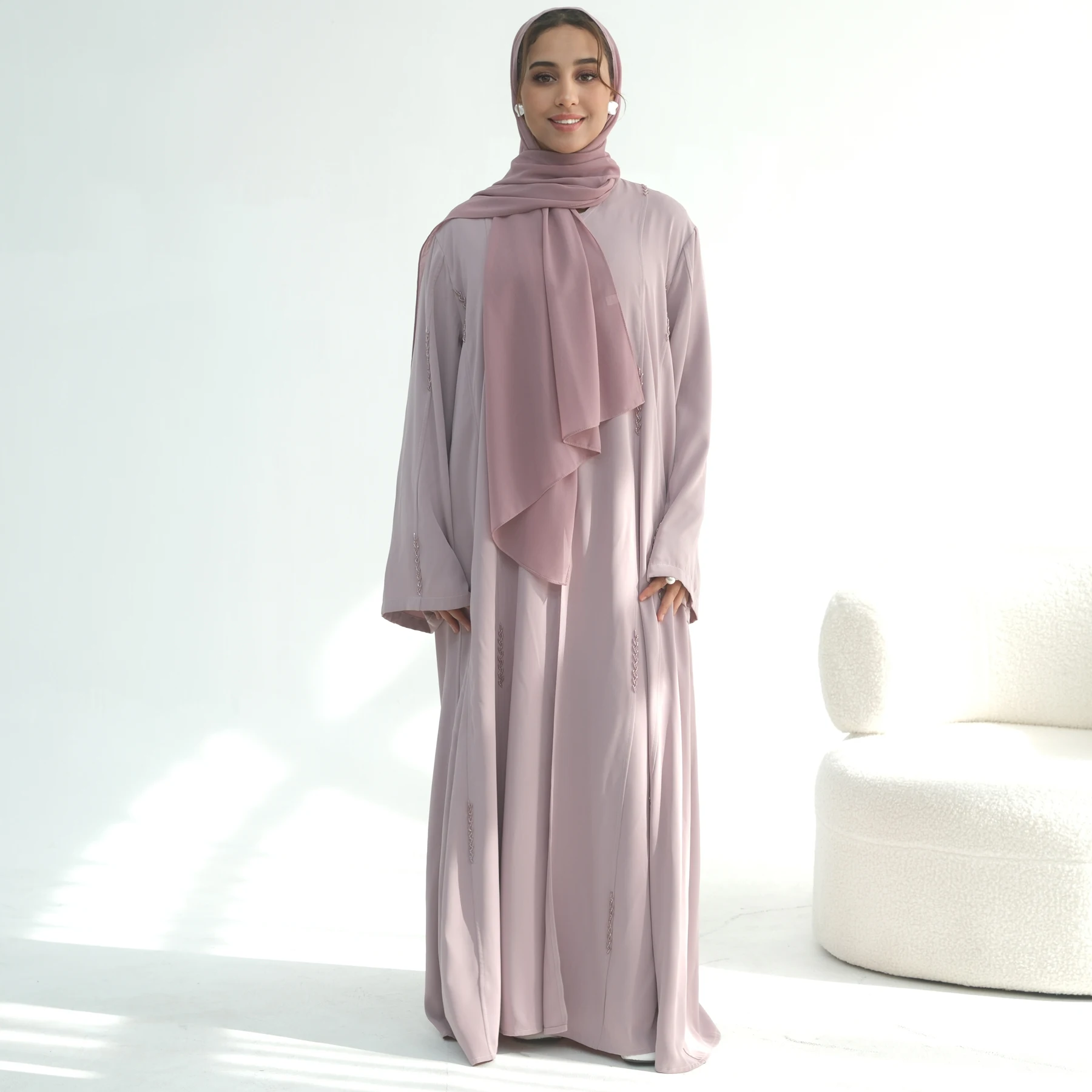 Regular-Fit Luxury Beaded Dubai Abaya-Snap Buttons Front, V-Neck, Side Pocket. Party Ramadan Eid Islam Muslim Women Kimono Abaya