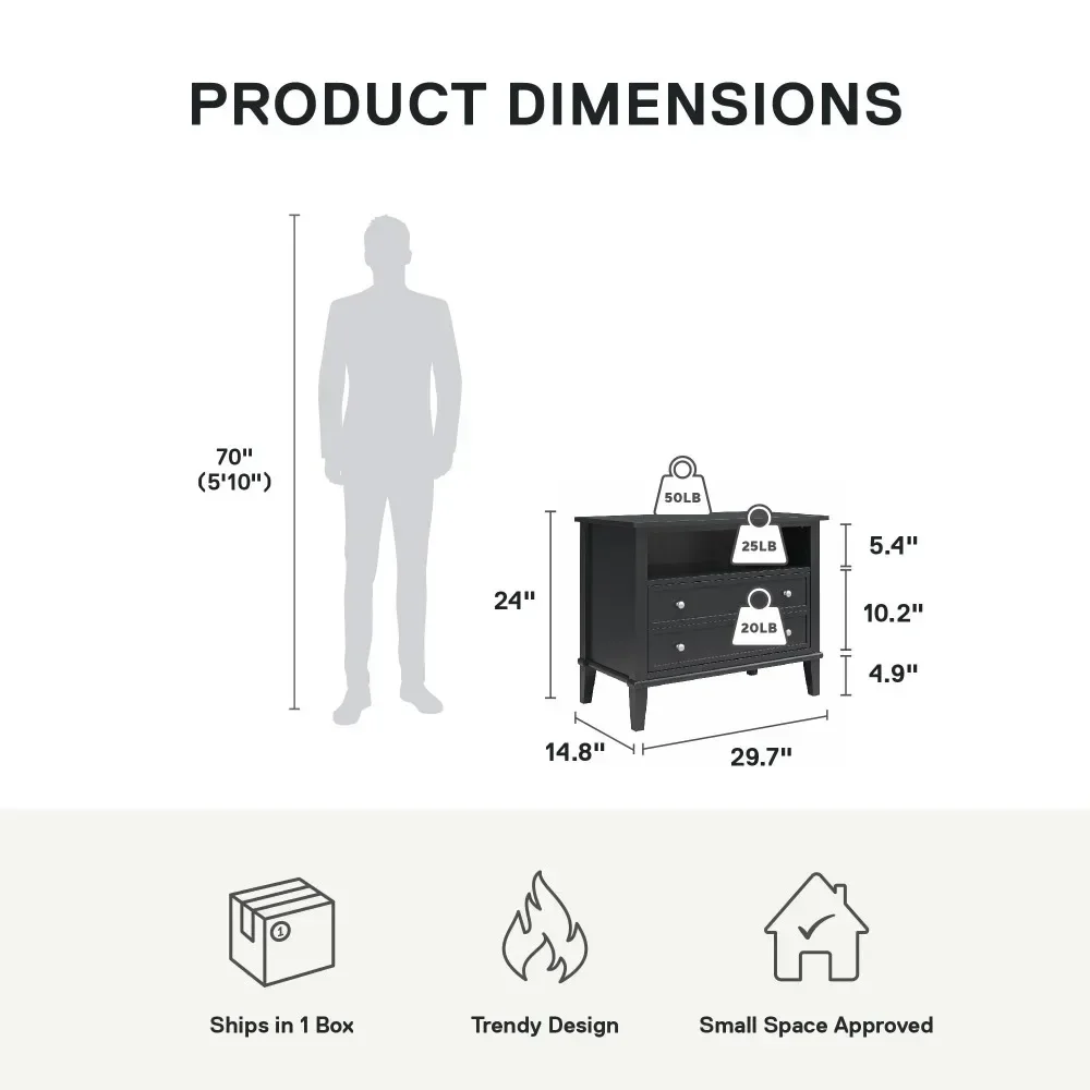 Eclectic Boho Nightstand and Bedside Accent Side Table with 2 Drawers