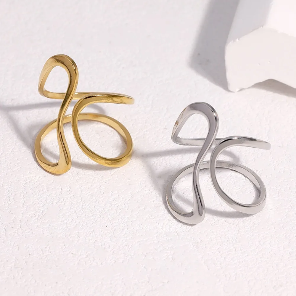 Waterproof Stainless Steel Twisted Double Loop Open Ring for Women Abstract Intertwined Curved Band Minimalist Statement Jewelry