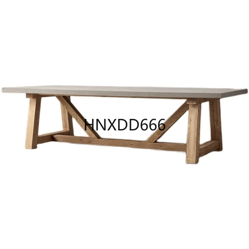 American Simple Dining Table Solid Wood Minimalist Cement Gray Retro Rectangular Desk Workbench