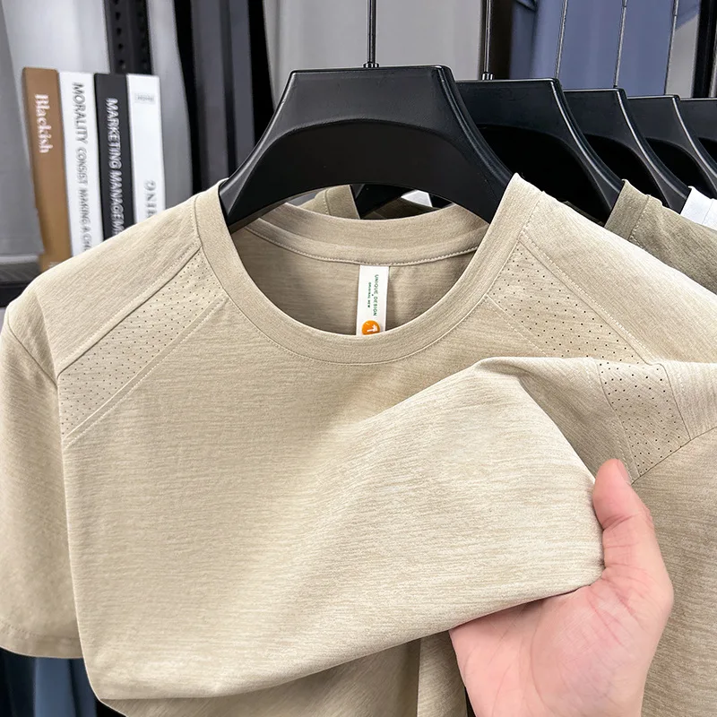 2026 Summer New Men's Round Neck Casual Short-sleeved T-shirt Perforated Front Shoulder Breathable and Cool