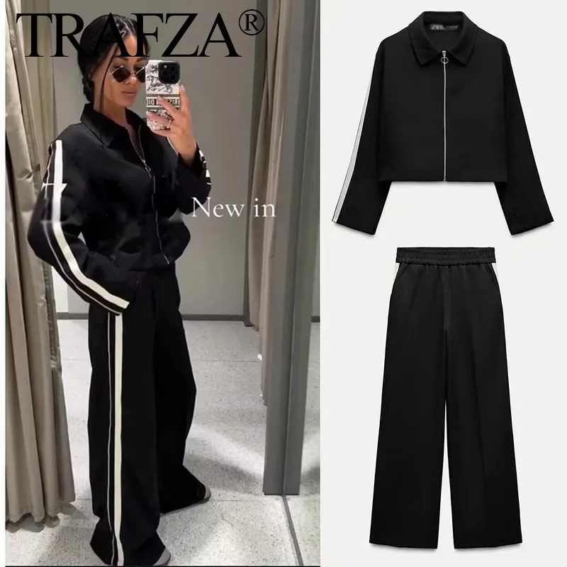 TRAFZA 2024 New Women Casual Black Trousers Suits Sports Short Jacket + Female Vinatge Black White Patchwork Baggy Pants Street image 2