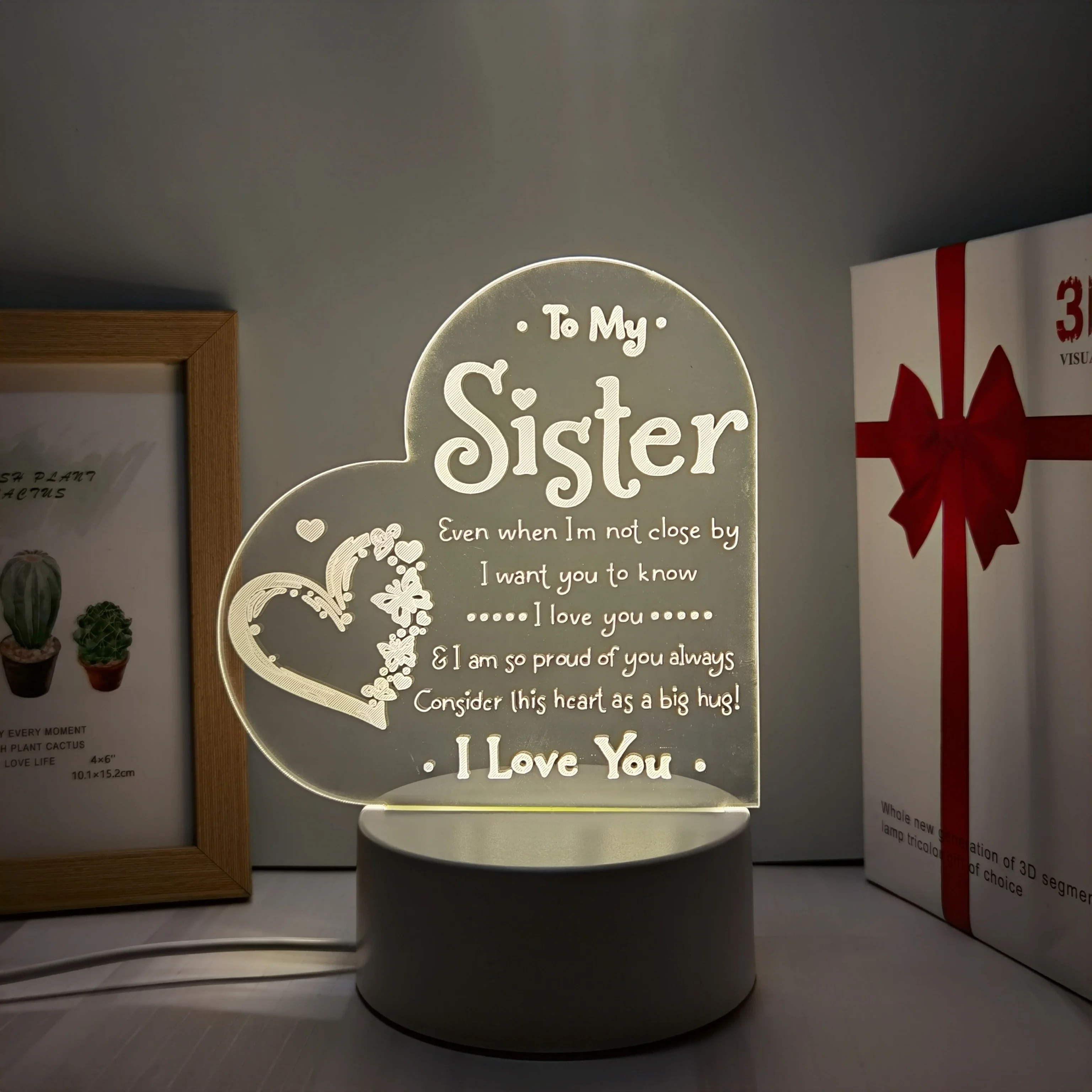 USB Nightlight com Luz Decorativa, Presente para Irmã, Atmosfera Festiva, Luz de Mesa para Quarto, USB, 1PC