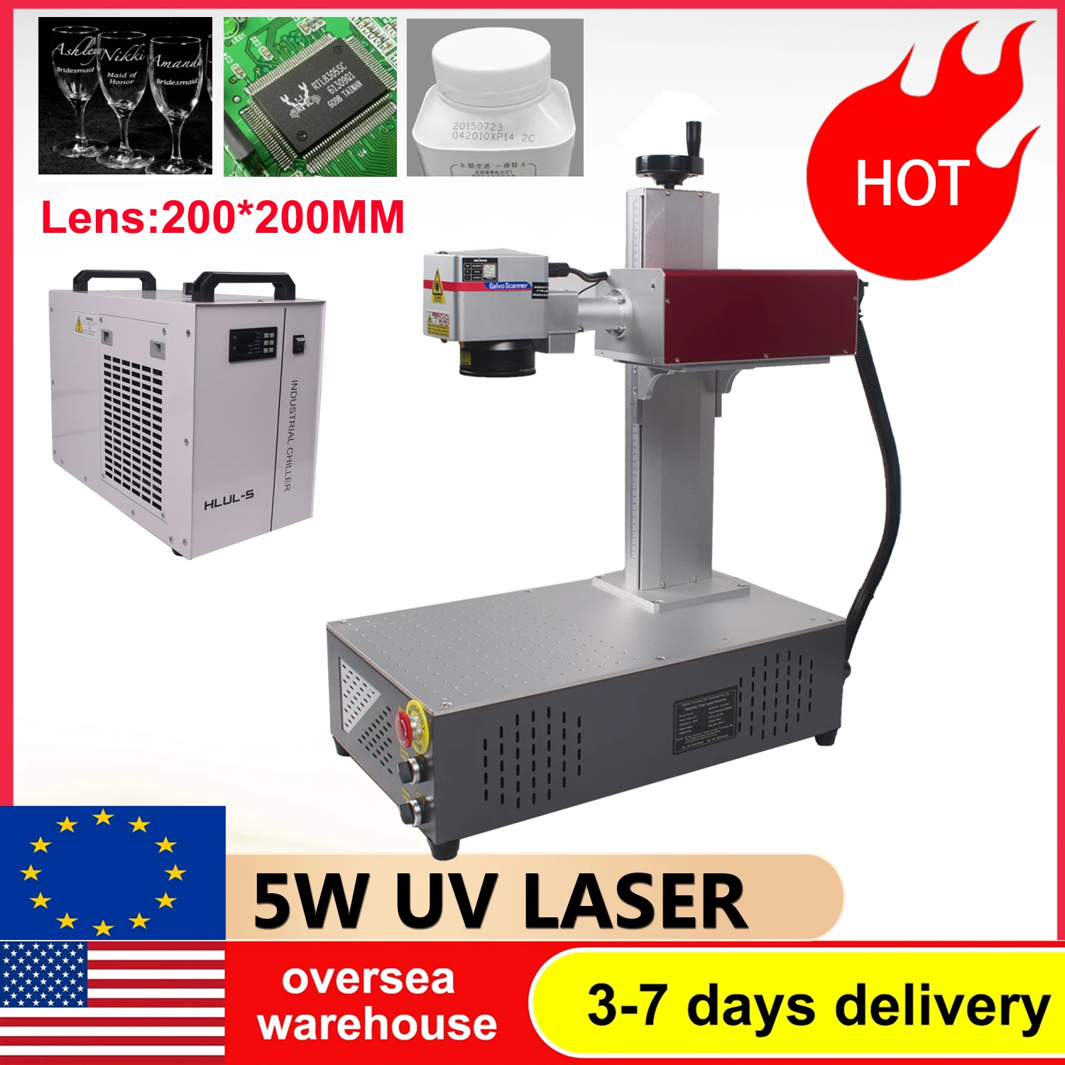 EU STOCK 5W UV Laser Marking Machine Fiber UV 5W 355nm Non-Metal Engraver for Glass/Wood/PVC/Plastic Leather US STOCK