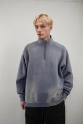 American Oversized Acid Wash Sun Faded Winter Sweatshirt Tops Quarter Zip Up Zipper Jogging Long Sleeve Hoodie Jacket Men
