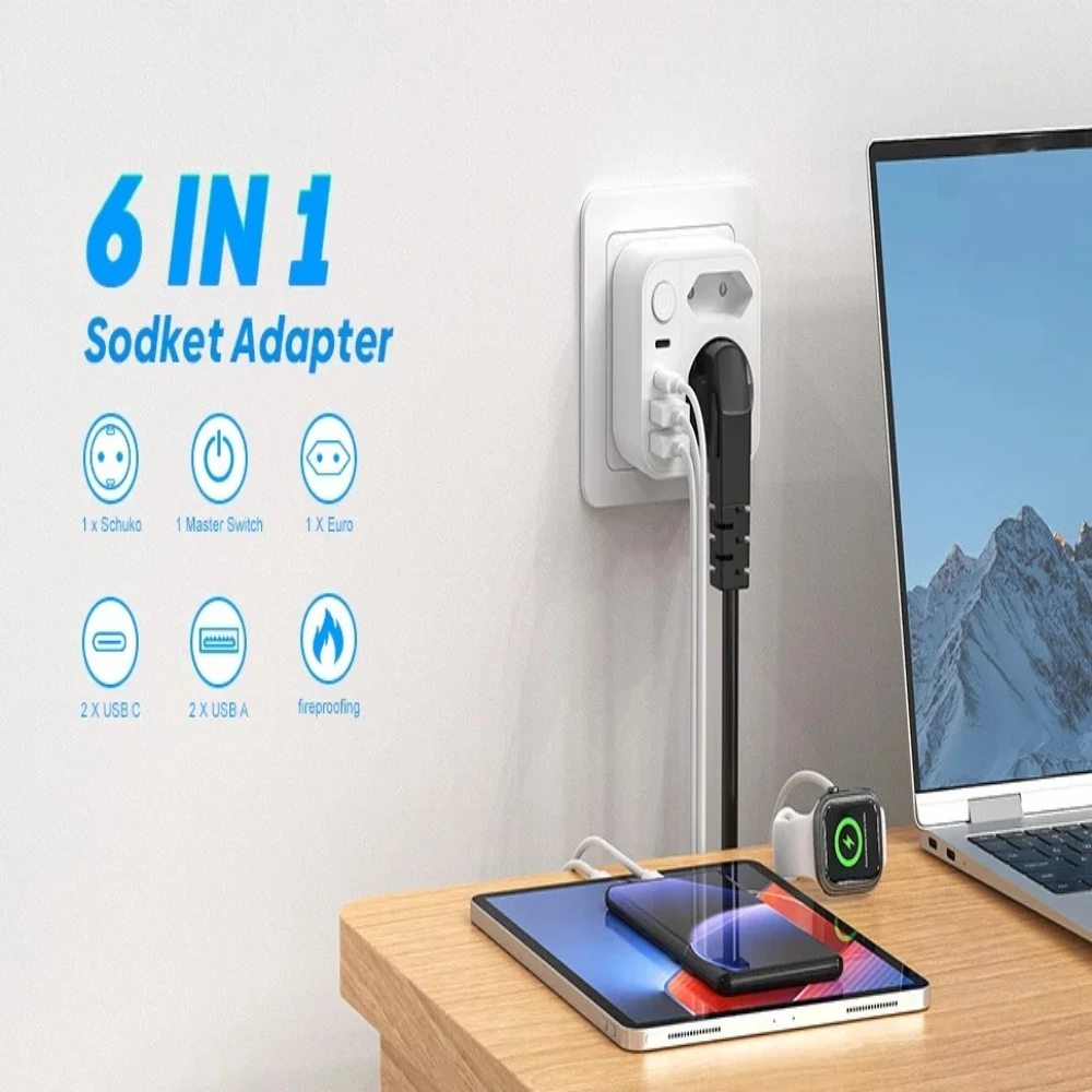 

Универсальный адаптер 6-в-1 для ЕС (Schuko + европейская розетка) с 4 USB-портами (2 USB-C), быстрая зарядка 17 Вт/защита от перегрева