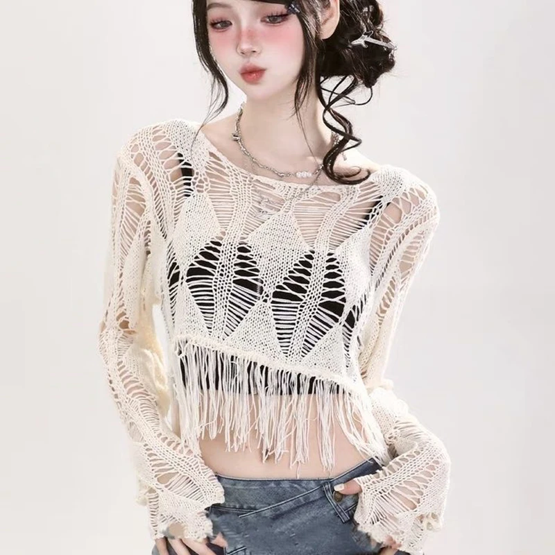 Summer Hollow Out Women Long Sleeve Knitted T Shirts Tassel Thin All-match Outerwear Crop Tops Casual Sun Protection Smock Sexy