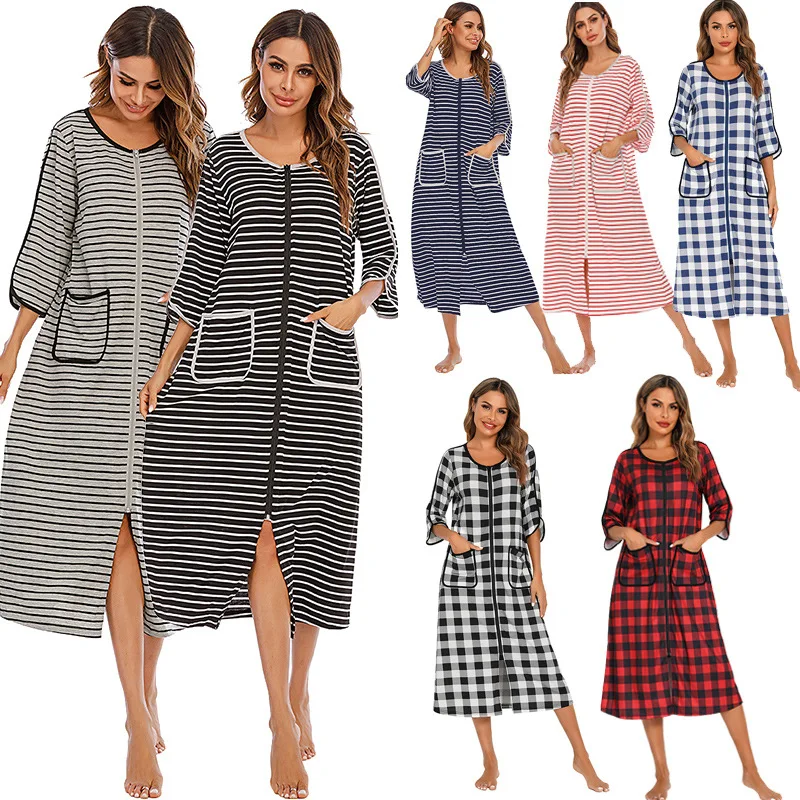 Women Long Sleepwear Soft Zipper Front Robes Autumn Nightgown Warm Striped Kimono Loungewear Maternity Bathrobe Pajamas