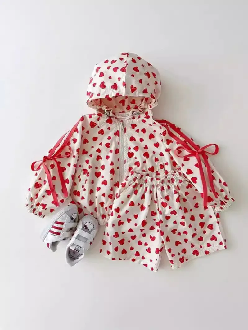 Summer New Children Long Sleeve Sunscreen Set Baby Girls Hooded Cardigan Coat Toddler Floral Bow Shorts Suit Kids Casual Outfits