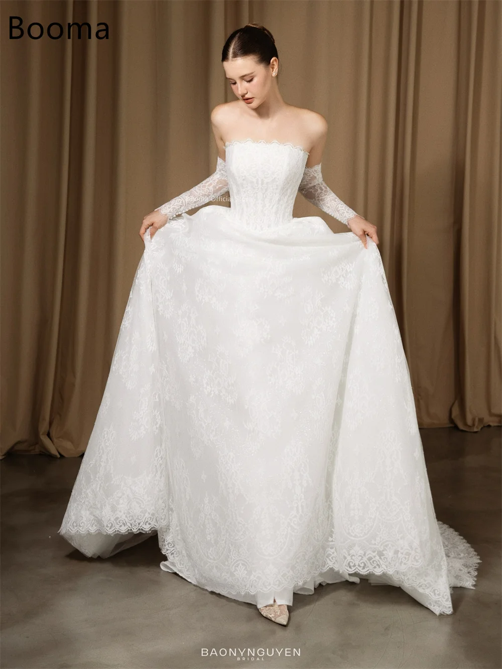 Booma A-Line senza spalline in pizzo principessa abiti da sposa lunghi applicazioni in pizzo senza maniche abito da sposa su misura 2025