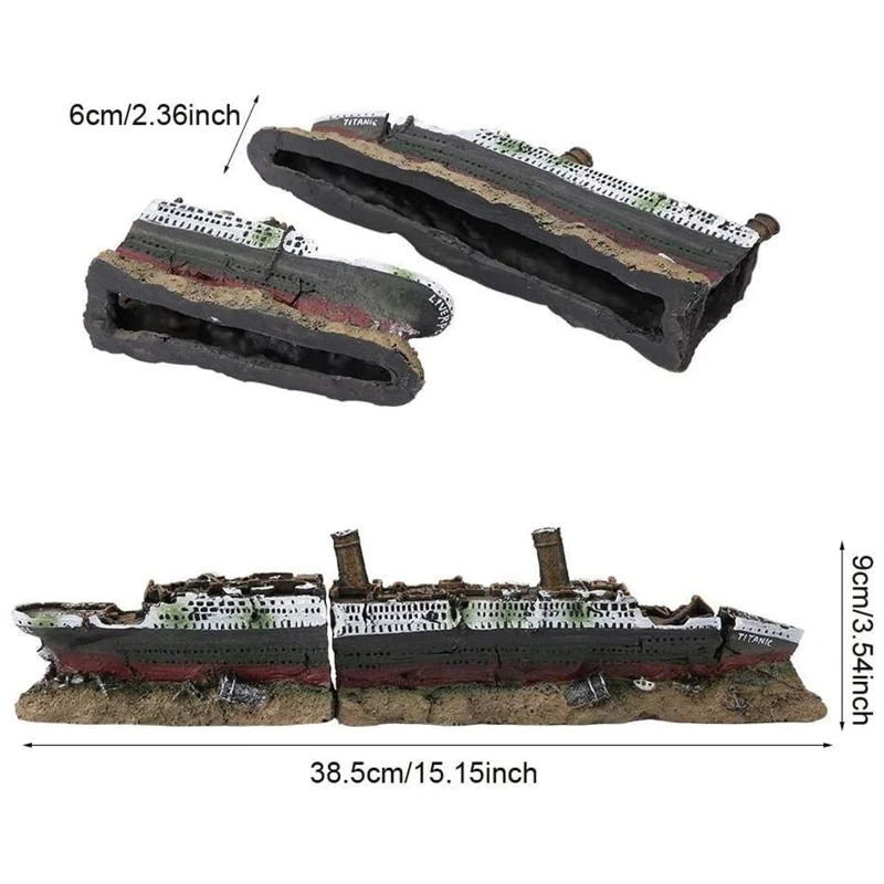 Décorations bateau coulé pour Aquarium 15 pouces, cachette Betta, épave en résine