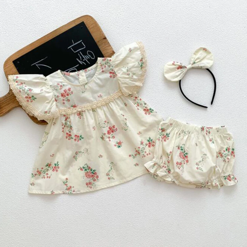 

Summer 0-24M Newborn Baby Girls Clothing Set Flying Sleeve Cotton Printed T-shirt+PP Shorts Infant Baby Girl Clothes Suit