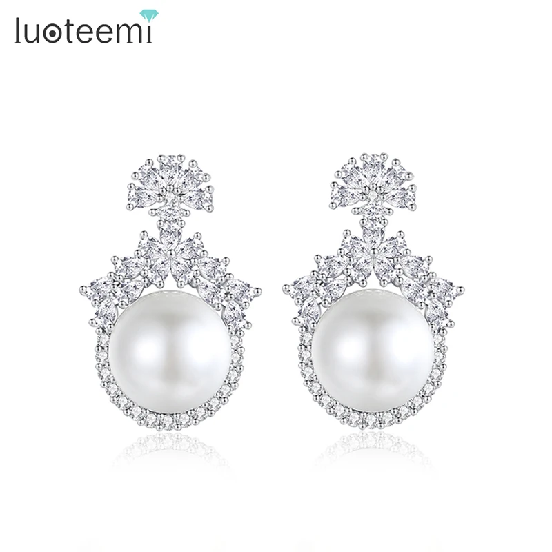 LUOTEEMI Big Imitation Pearls Earrings Temperament High Quality Graceful CZ Accessories for Women Bridal Wedding Dating Gift