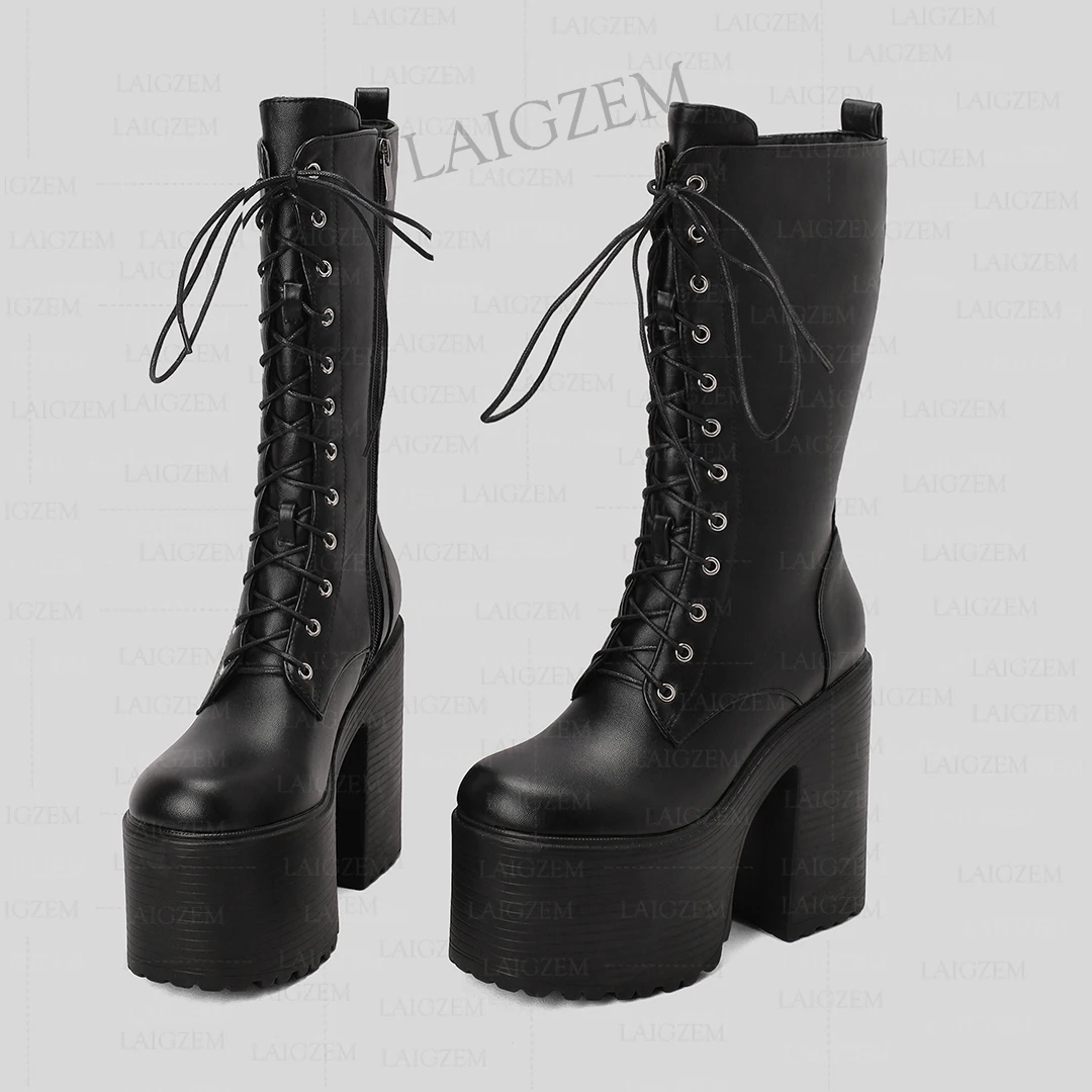 Laigzem-Botas grossas grossas de salto alto para mulheres, botas laterais de zíper, sapatos feitos à mão, tamanho grande, 35, 39, 41, 43, 14cm, plataforma