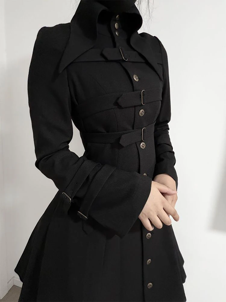 Unisex Dark Style Belted Waistcoat Long Coat Autumn New Style Sweet And Cool Series Single Button Fastening Women's Jacket