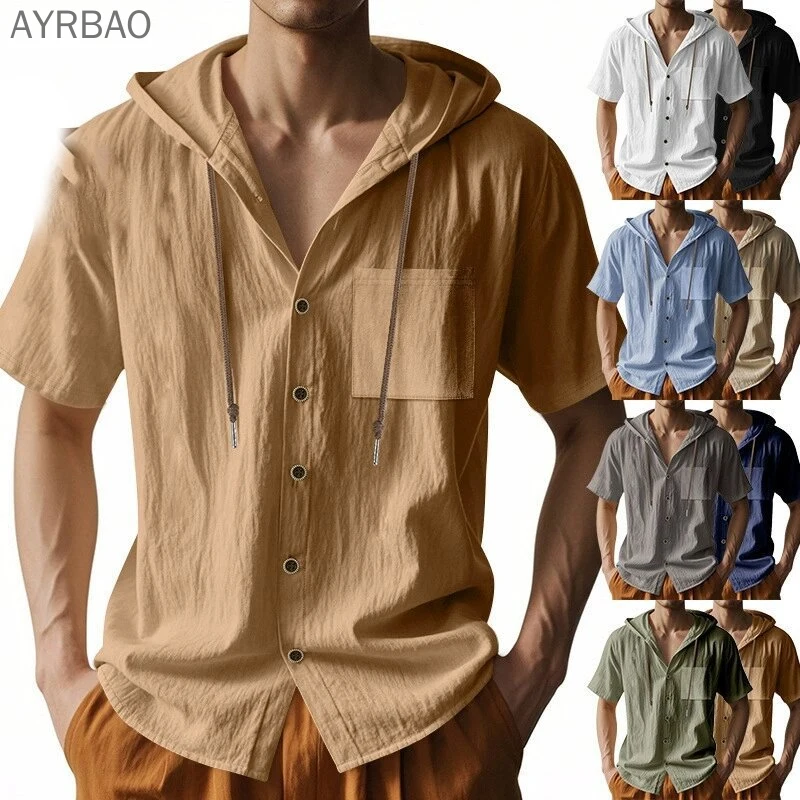 

Summer Men Cotton Linen Short Sleeve Shirt American Style Thin Breathable Loose Hooded Casual Vacation Tops for Men Chest Pocket