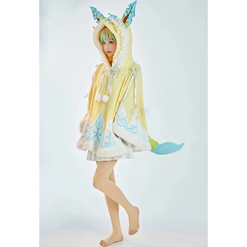 Anime Leafeon Cosplay Costume Cloak witn Tail Warm Coat Fall Winter Suit Hooded Homewear Women Halloween Party Roleplay Uniforms